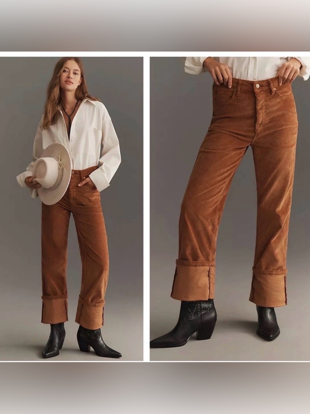 Anthro Pilcro Scotty Cuffed Corduroy High Rise Straight Jean Rust Brown Sz 28
